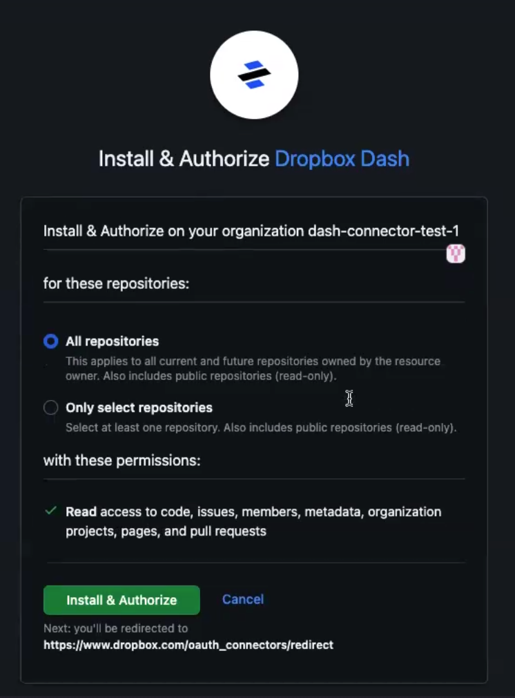 Install & Authorize Dropbox Dash prompt window