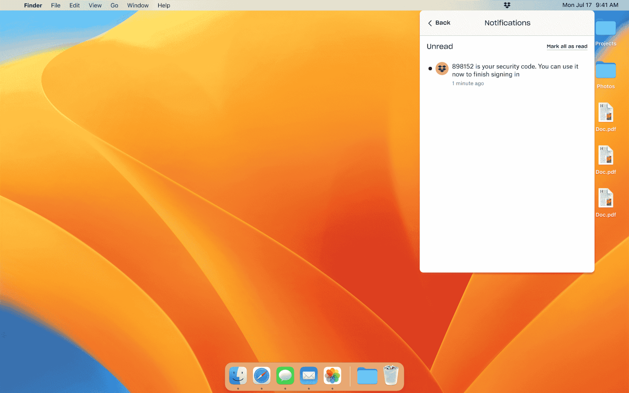 Das Bild zeigt die Benachrichtigung mit einem einmaligen Sicherheitscode in der Dropbox Desktop-App.