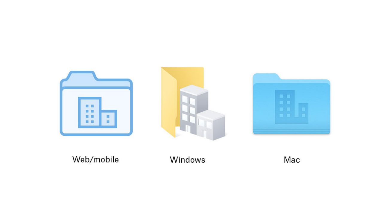 Drei Team-Ordner-Symbole für Mobilgerät, Windows und Mac, die einen Ordner mit einem Gebäude darauf darstellen