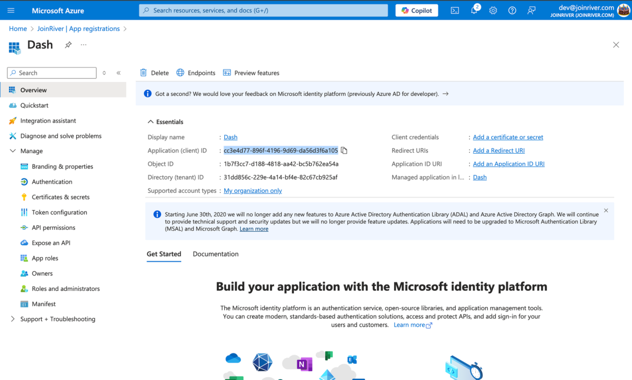Copiez l’identifiant de l’application (client) et l’identifiant du répertoire (locataire)