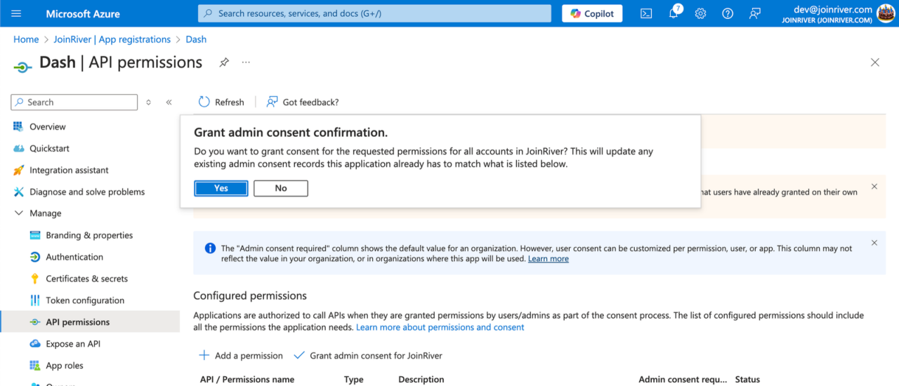 Invite « Confirmation de l’octroi du consentement de l’administrateur »