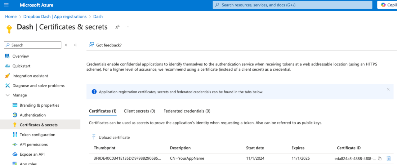 Certificats et secrets