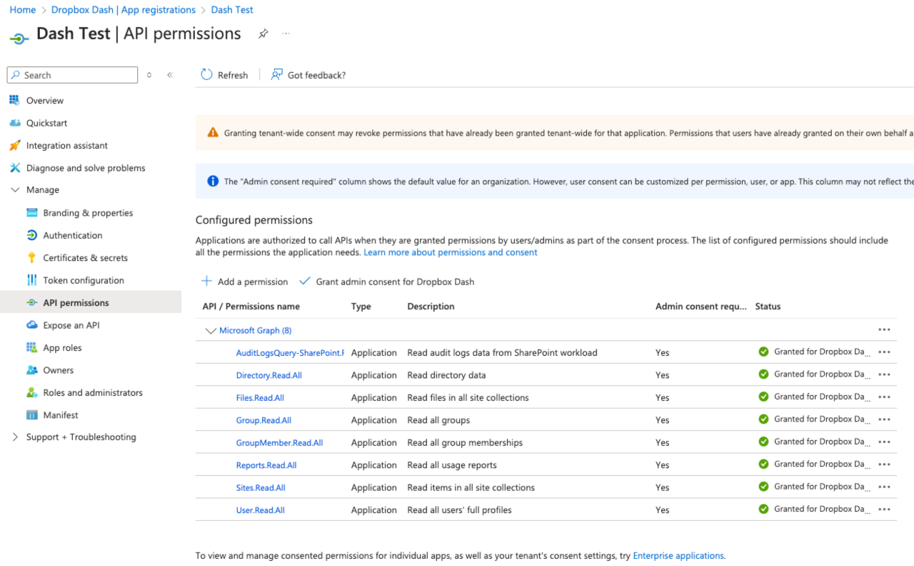 Page des autorisations des API