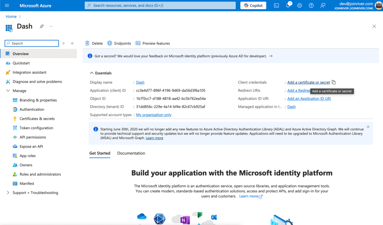  "Click Add a certificate or secret next to Client credentials"
