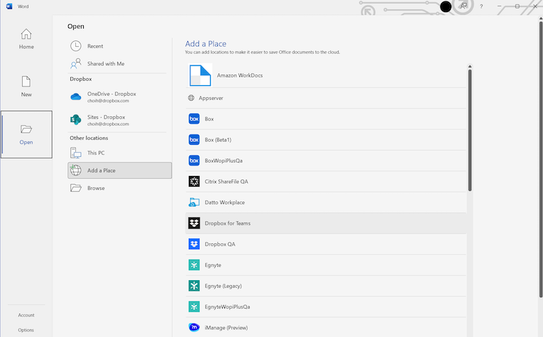 Add Dropbox as a Place on the Microsoft Word desktop app on Windows