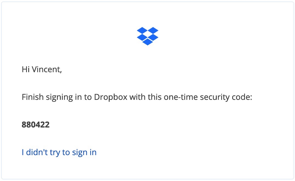 E-mel daripada Dropbox yang mengandungi kod keselamatan sekali guna dan pautan untuk diikuti pengguna untuk menetapkan semula kata laluan mereka.