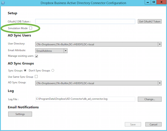 Configuratievenster van de Active Directory-connector van Dropbox, met het selectievakje Simulatiemodus gemarkeerd