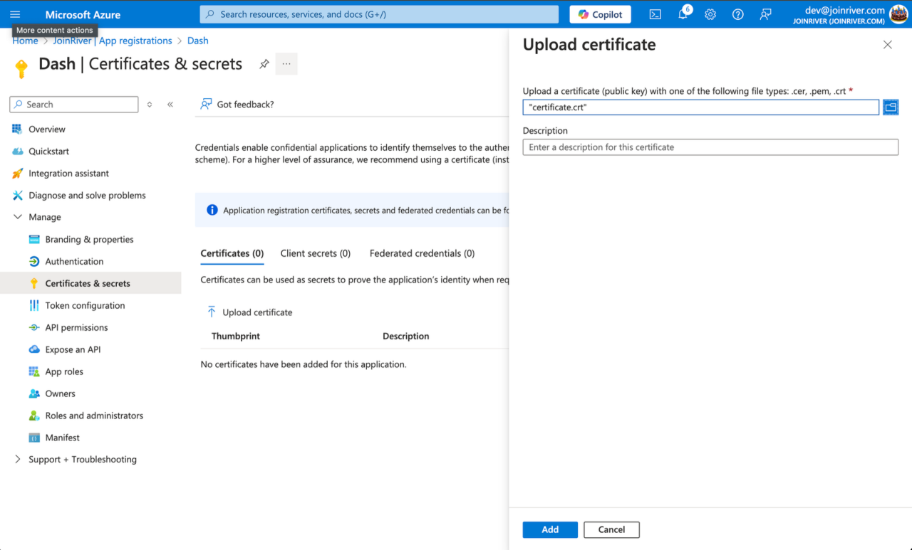 "Upload certificate" window