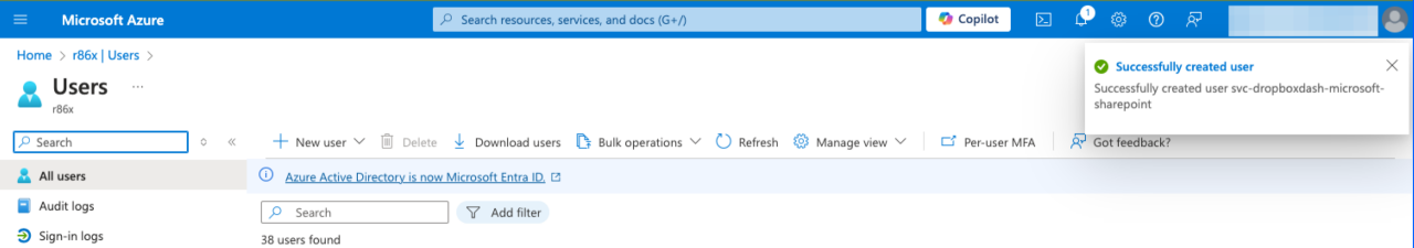 "Successfully created user" pop-up message