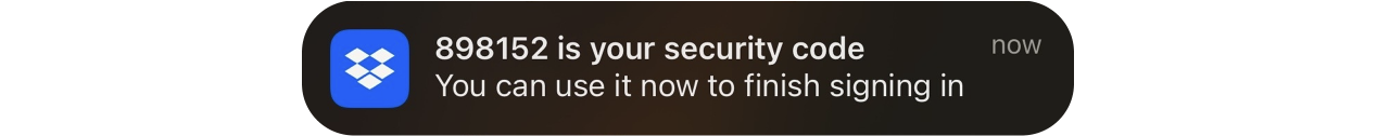 A imagem mostra a notificação do código único no aplicativo Dropbox para dispositivos móveis.