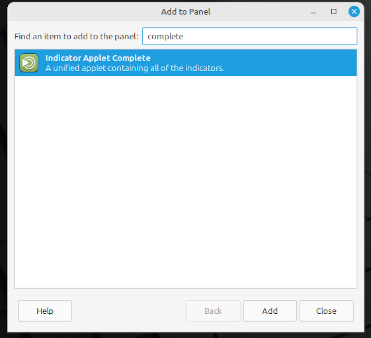 Installing Atayana Indicators for Linux Mint (MATE), enter Indicator Applet Complete