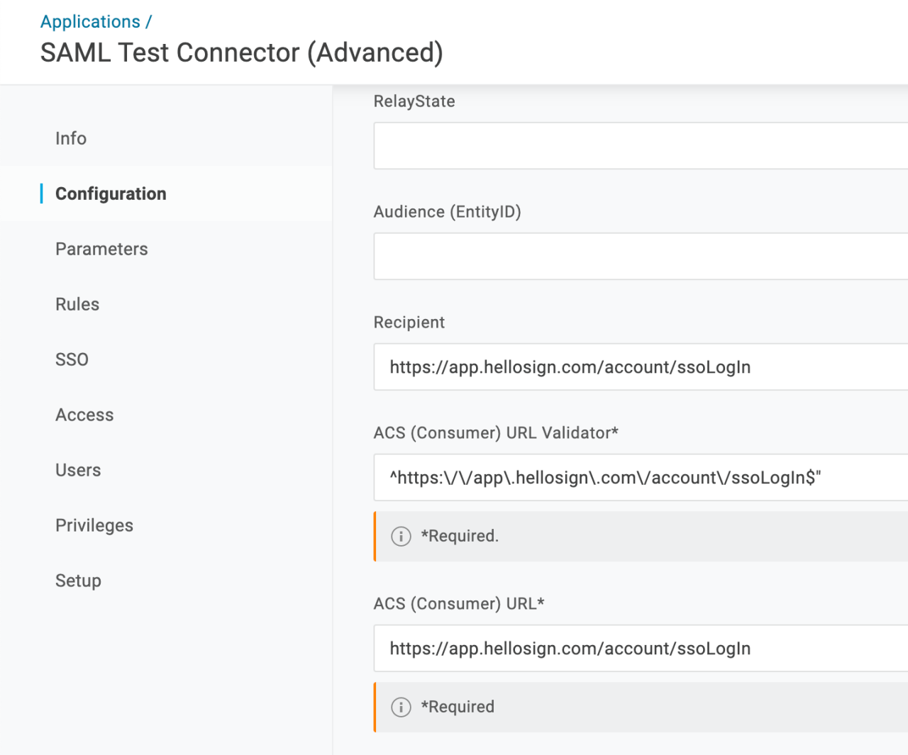 SAML test connector